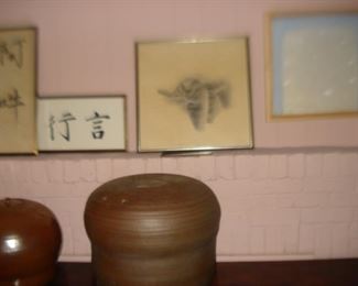 Garden seat, lidded jar , oil on paper, & oil on board, all items in photo are done by Kotani.     