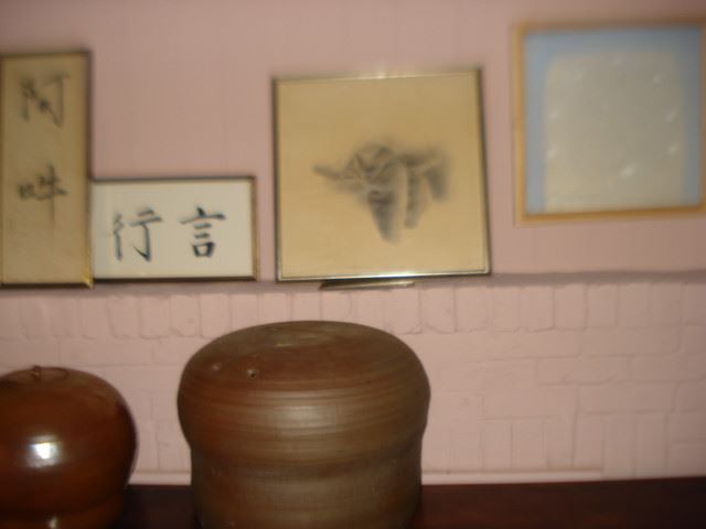 Garden seat, lidded jar , oil on paper, & oil on board, all items in photo are done by Kotani.     