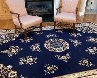 8 x 11’ Navy Area Rug; 2 Upholsyered Arm Chairs in Cherry