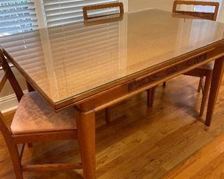 Carved Oak Farmhouse Table with 6 Chairs and Two Leaves 54”L x 36”W x 30” H, with 2 leaves (total 84”L)