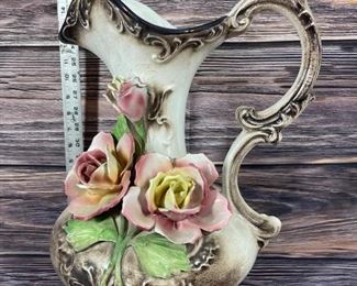 Capodimonte Porcelain Pink Rose Flower Pitcher Vase