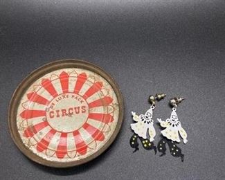 Dangling Circus Clown Earrings Vintage Circus Tin Trinket Dish Lid Coaster