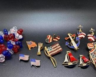 Patriotic Red White Blue Pin Brooch Earring Bracelet Lot of Jewelry