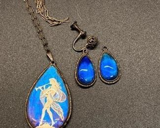 Vintage Antique Sterling Butterfly Wing Silhouette Pendant Necklace with Earrings