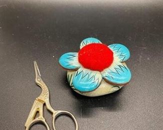 Painted Rock Pin Cushion Flower Fiskars Stork Scissors