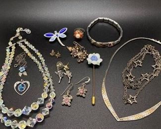 Mixed Sparkly Silvertone Jewelry Lot Earrings, Necklaces, Pins
