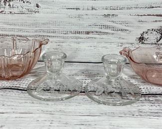 Vintage Depression Glass Pink Candy Nut Relish Bowls Frosted Candlestick Holders