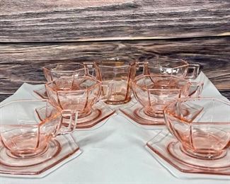 Vintage Pink Depression Glass Coffee Cup and Saucers Creamer Pitcher Hexagon