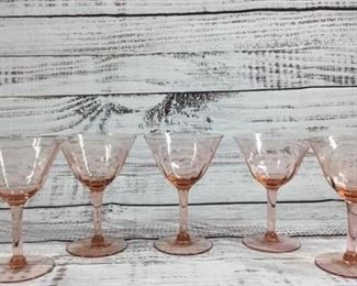 Vintage Blush Pink Set of Five Wine Cocktail Glasses