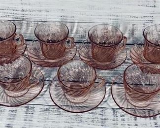 Set of 7 Depression Glass Pink Swirl Tea Coffee Cups with Saucers