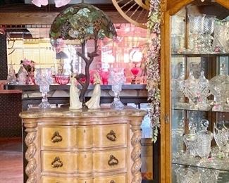China cabinet, Rococo inspired console table, cut glass