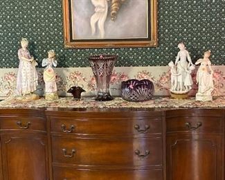 Antique buffet, burgundy crystal, porcelain, painting