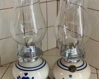 Vintage blue and white oil lamps