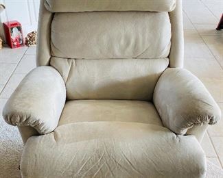 7.  Ultra suede cream recliner chair •  45 high 38 wide 33 deep •  $90