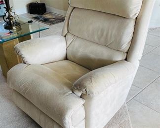 7.  Ultra suede cream recliner chair •  45 high 38 wide 33 deep •  $90
