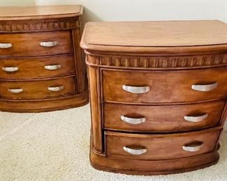 20.  Mrzeminsk nutmeg three drawer nightstand set of 2 • 31 high 32 wide 18 deep 
Mirza minx nutmeg king size suede upholstered headboard  • 86 wide 88 high •  $395