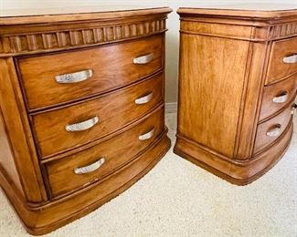 20.  Mrzeminsk nutmeg three drawer nightstand set of 2 • 31 high 32 wide 18 deep 
Mirza minx nutmeg king size suede upholstered headboard  • 86 wide 88 high •  $395