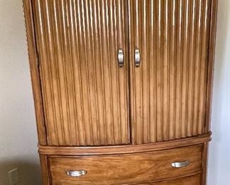 21.  Mrzeminsk nutmeg armoire with three drawers  • 76 high 46 wide 21D  • $250