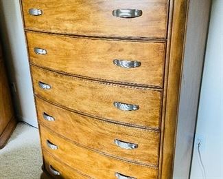 22.  Mrzeminsk nutmeg six drawer tall chest •  67 high 43 wide 20 deep •  $250
