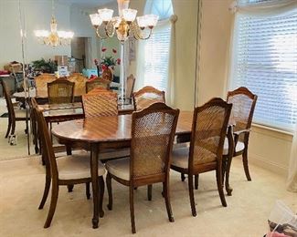 8.  American traditional dining table • 29high 74wide 40deep • One arm chair, five side chair • 42high 20wide 21deep • $395