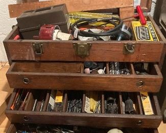 Very old custom made tool box full of drill bits and various machine accessories. Make Offer ! 443 532 4498
