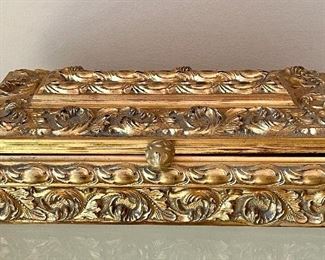 Item 57:  Ornate Gold Hinged Box with Velvet Lining - 12" x 3.5":  $34