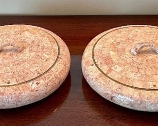 Item 60:  (2) Maitland-Smith Tessellated Stone Saucer Boxes Edged in Brass with Mahogany Interior:  $295/Pair