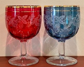 Item 100:  (2) Etched Goblets, Red and Blue:  $22  