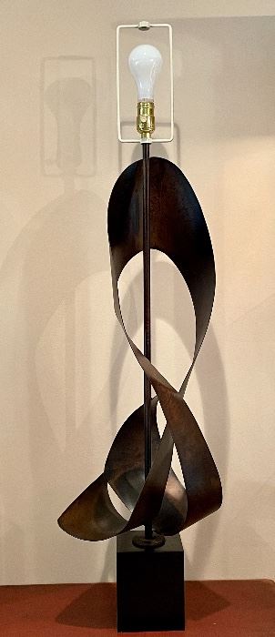 Item 16:  1960s Brutalist Sculpted Metal Table Lamp with Ebonized Bronze Finish designed by Richard Barr and Harold Weiss for Laurel Lamp Co. (needs a new shade) - 14.5": $695