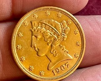 Item 157:  1907 $5 Gold Coin:  $500