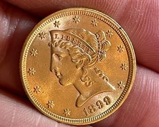 Item 158:  1899 $5 American Gold Coin:  $500