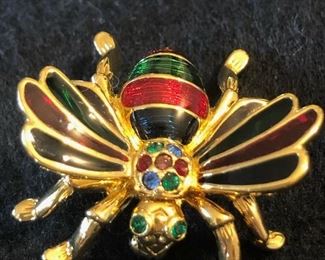 Item 235:  Joan Rivers Enamel Bee Pin with Green, Red, and Black:  $35