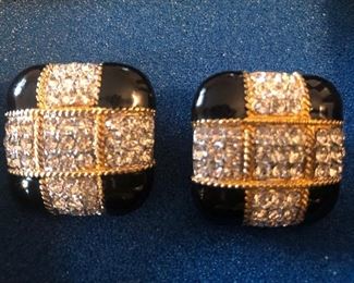 Item 270:  Black Enamel Clip Earrings with Rhinestones:  $18