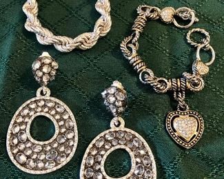 Item 242:  Bronze Italy Rope Bracelet (upper left):  $20                                 Item 243:  Link Bracelet with Heart Charm (upper right):  $26                                                                                                              Item 244:  Clip Earrings with Rhinestones (bottom):  $20