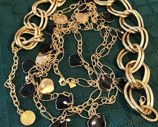 Item 251:  Gold Tone Link Necklace with Extender - 15" (top):  $26                                                                                               Item 252:  Gold Tone Necklace with Black Enamel - 60" (bottom):  $26