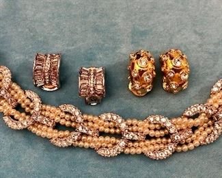 Item 303:  Nolan Miller Rhinestone Clip Earrings (top left):  $20                                                                                                
Item 304:  Nolan Miller Rhinestone & Gold Tone Clip Earrings (top right):  $20                                                                                                                Item 305:  Nolan Miller Crystal & Faux Pearl Bracelet (bottom):  $40