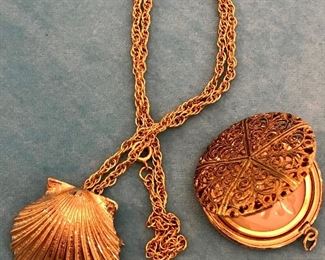 Item 372:  Shell Necklace (left):  $14                                                                            Item 373:  Filigree Locket (right):  $14 