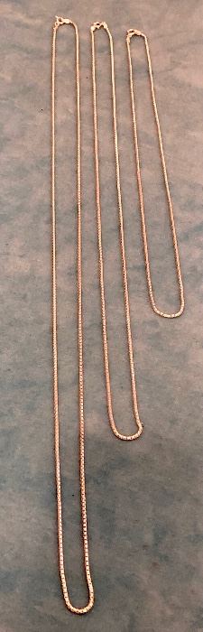 Item 316:  Italy 28" 925 Chain (left):  $20                                                                                   Item 317:  Italy 22" 925 Chain (middle):  $16                                                                    Item 318:  Italy 18" 925 Chain (right):  $12  