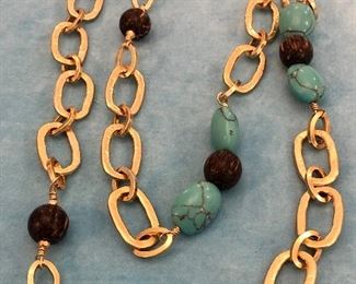 Item 312:  Gold Tone & Aqua Bead Necklace:  $14