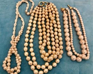 Item 344:  28" Two Strand Pearl Necklace (left):  $18                                         Item 345:  Four Strand Faux Pearl Necklace (middle):  $14                                                                                                             Item 346:  Two Strand Faux Pearl Necklace (right):  $10