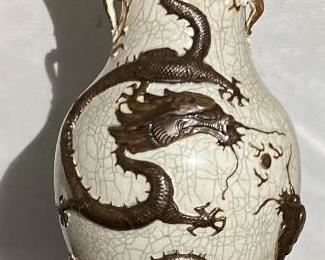 #1 - 19th c. Crackle glazed vase with dragon design
More photos: https://flic.kr/s/aHsmWsiX7M
17.5” tall - Mark on bottom, small flake on mouth - Repaired.