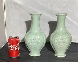 #7 - pair of late 19th c to Republic period pale celadon lobed vases with round dragon panel.
More photos: https://flic.kr/s/aHsmWo44WA
10” tall x 5.5” wide x 4” deep - Hole in bottom (lamped) Kangxi mark & CHINA mark on both.