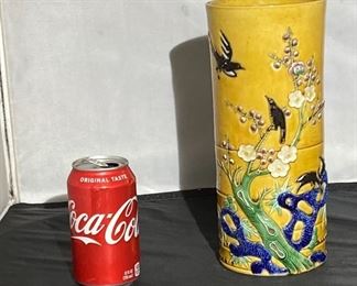 #8 - Late 19th c to Republic sancai carved cylinder vase.
More photos: https://flic.kr/s/aHsmWox9nB
10.5” tall - Bamboo form- Hole in bottom (lamped)