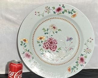 #9 - 18th c. famille rose porcelain charger.
More photos: https://flic.kr/s/aHsmWoxakD
15.25” wide. Professional restoration of ‘U’ shape rim break. Wear to enamel.