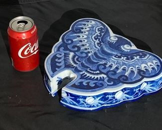 #13 - Early to mid 20th c. sweet meat box with dishes in the form of a butterfly.
More photos: https://flic.kr/s/aHsmWsVftR
11”wide x 9”long x 2”tall. -
Chip on bottom corner of the box. 2 inner trays have chips on the rim.