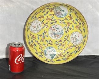 #18 - 19th c. to early 20th c. yellow ground Famille rose plate. RESERVE
More photos: https://flic.kr/s/aHsmWodMDr
11”wide x 2.25”tall - Qianlong mark. Chip on inner foot rim.