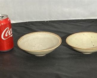 #24 - pair Song/yuan pale celadon minyao shallow bowls.
More photos: https://flic.kr/s/aHsmWpbmDx
6”wide (1st) - 5.75”wide (2nd) - surface wear due to age. Firing imperfections.
