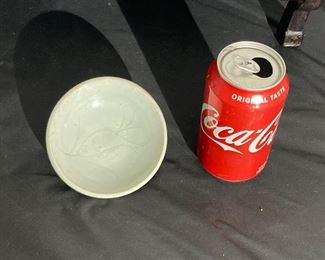 #30 - Celadon fish dish presumed to be Song Dynasty
More photos: https://flic.kr/s/aHsmWoe6NH
4.25”wide x 1”tall - Some darkening of glaze bubbles. Overall, good shiny slip w/ sea foam glaze.