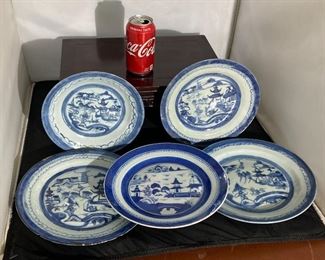 #32 - (5 pieces ) 19th c. Canton porcelain plates / one of slightly different rendering.
More photos: https://flic.kr/s/aHsmWo4FeK
sizes vary a bit with the largest measuring 10”wide and the smallest measures 8.5”wide. 1 plate has darker blue & slightly different pattern. All have varying degrees of rim flakes/chips and hairline cracks.