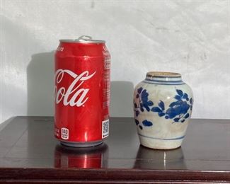#34 Ming (Wanli) blue and white miniature jar
More photos: https://flic.kr/s/aHsmWoeaef
3.5”tall. Small chips in mouth, crackle in glaze. Some stains.